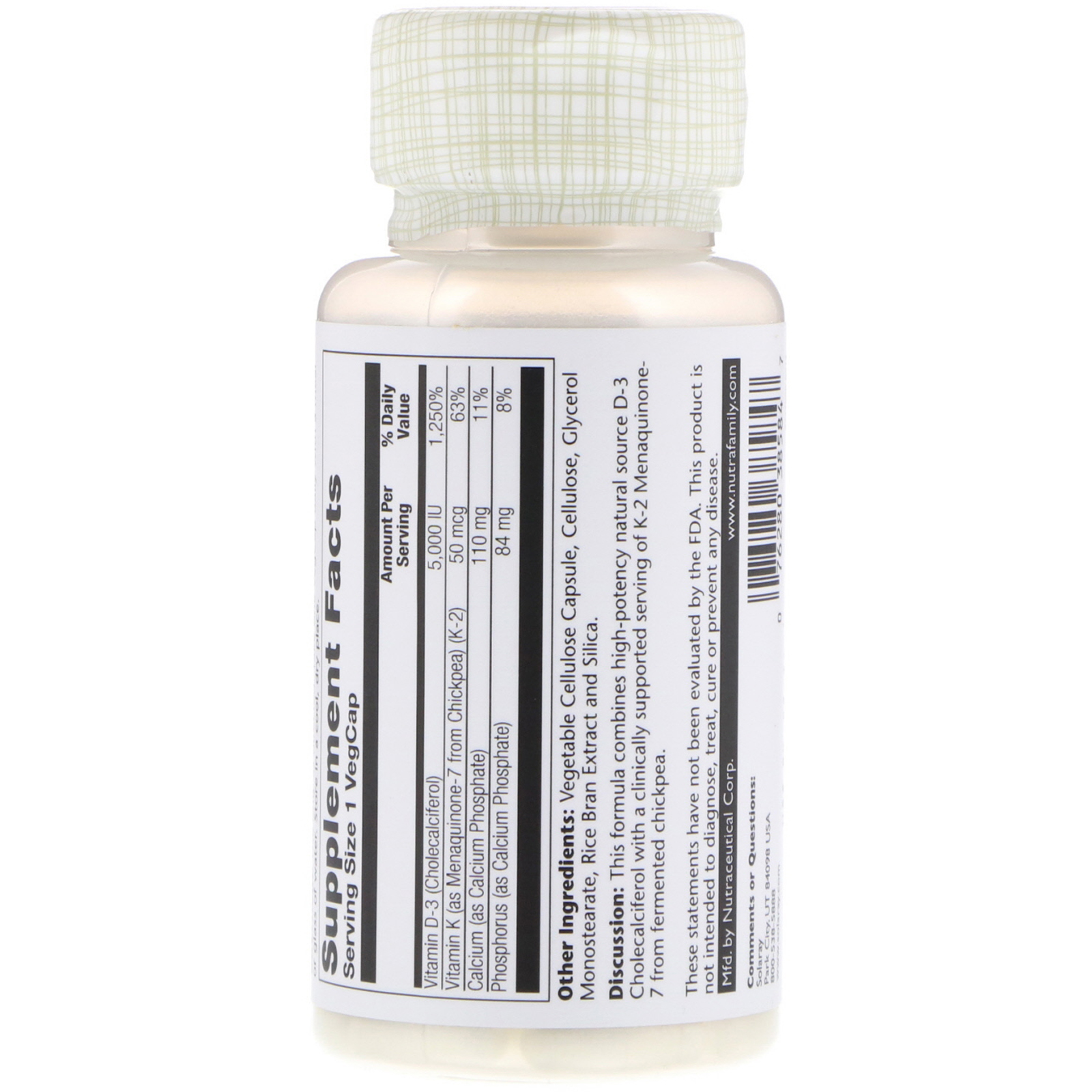 Solaray, Vitamina D 3 + K 2, Não contém soja, 60 cápsulas vegetarianas - Imagem 2