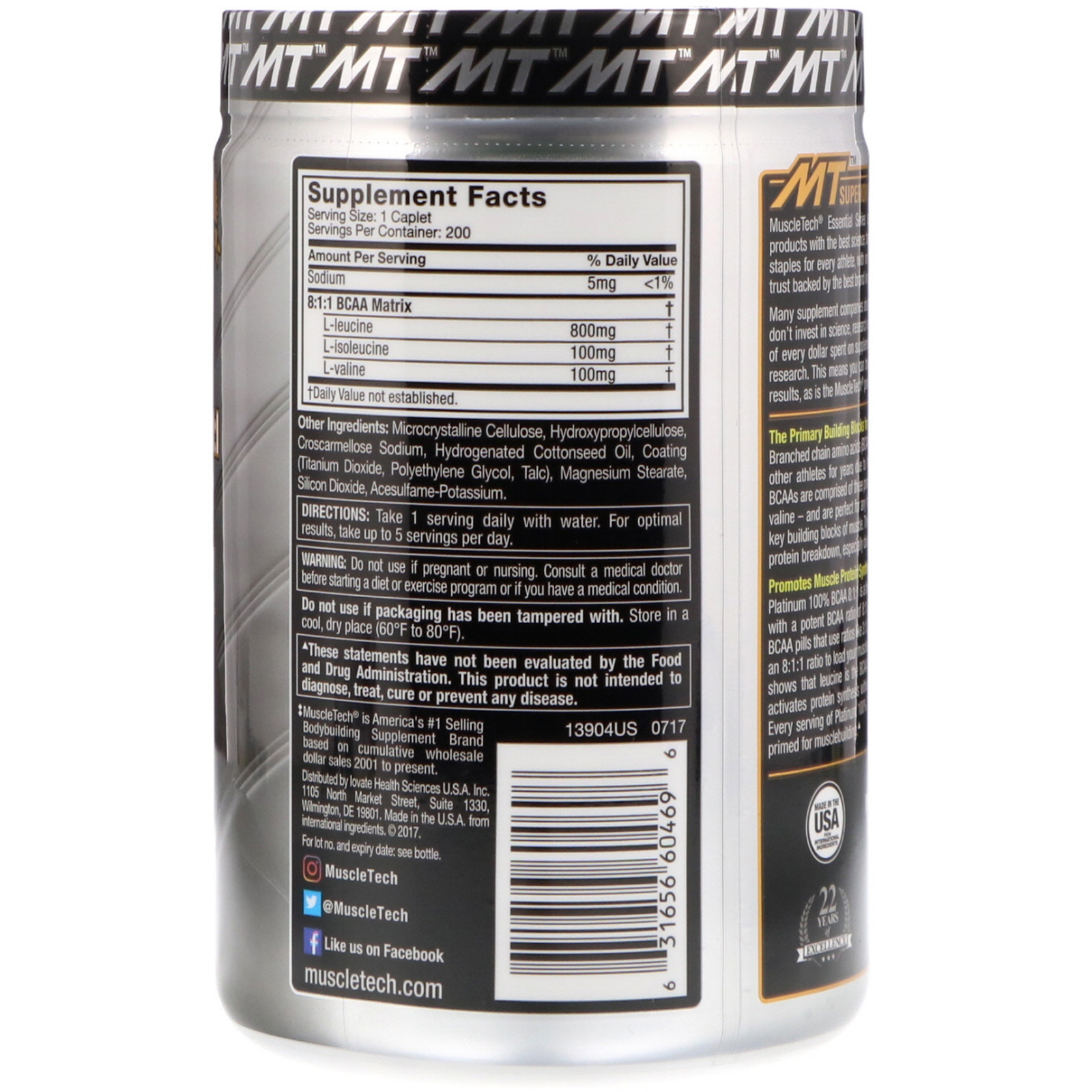 Muscletech, 100% Platinum BCAA 8:1:1, 200 Caplets - Imagem 2