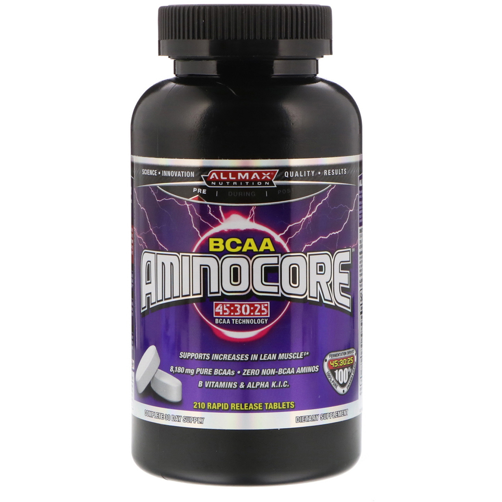 ALLMAX Nutrition, AMINOCORE, BCAA, 8g de BCAAs, Razão 45:30:25 100% Pura, Sem Glúten, 210 Comprimidos de Ação Rápida