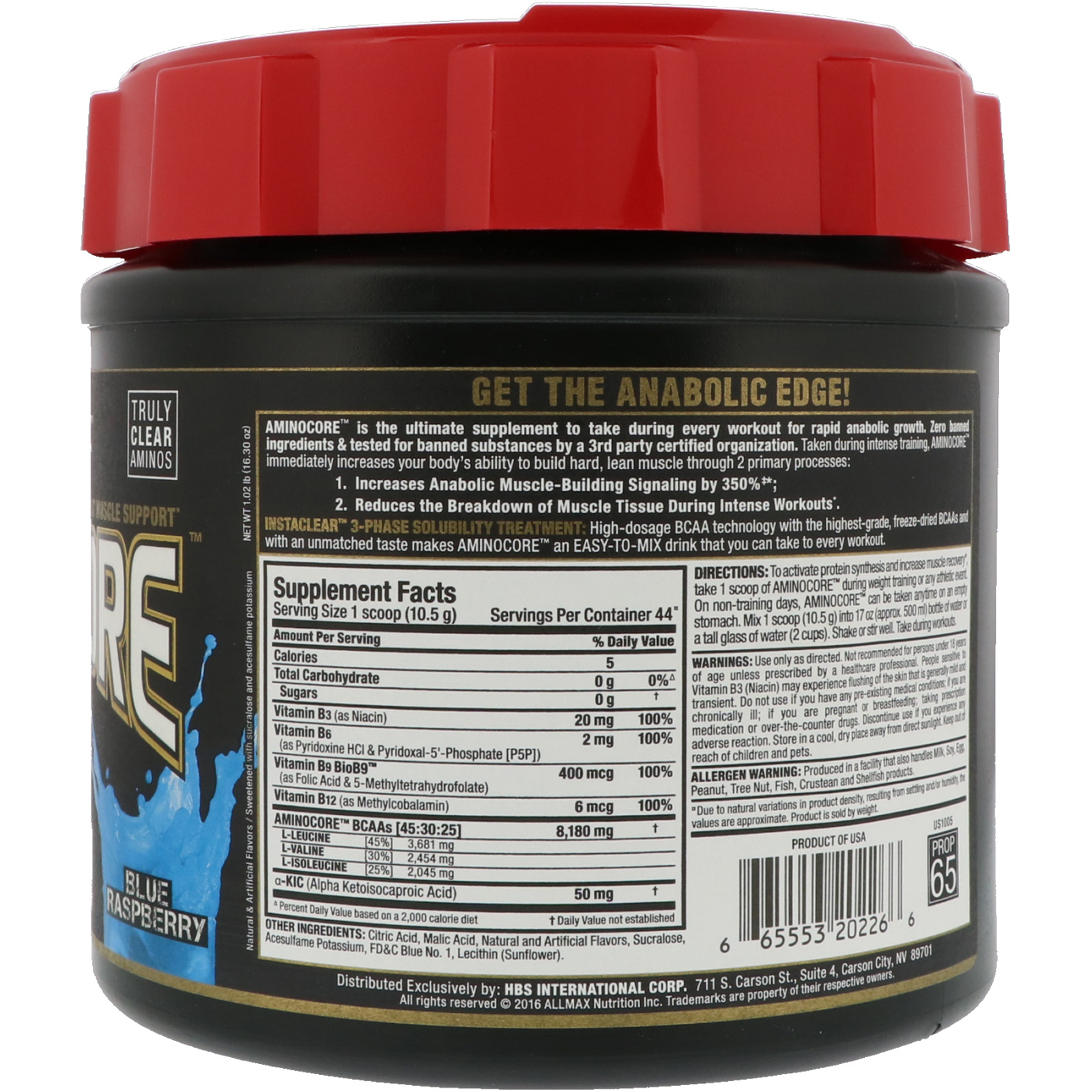 ALLMAX Nutrition, AMINOCORE, BCAA, 8G BCAA, 100% puro na proporção 45:30:25, Sem Glúten, Framboesas Azuis, 1.02 lbs (462 g) - Imagem 2