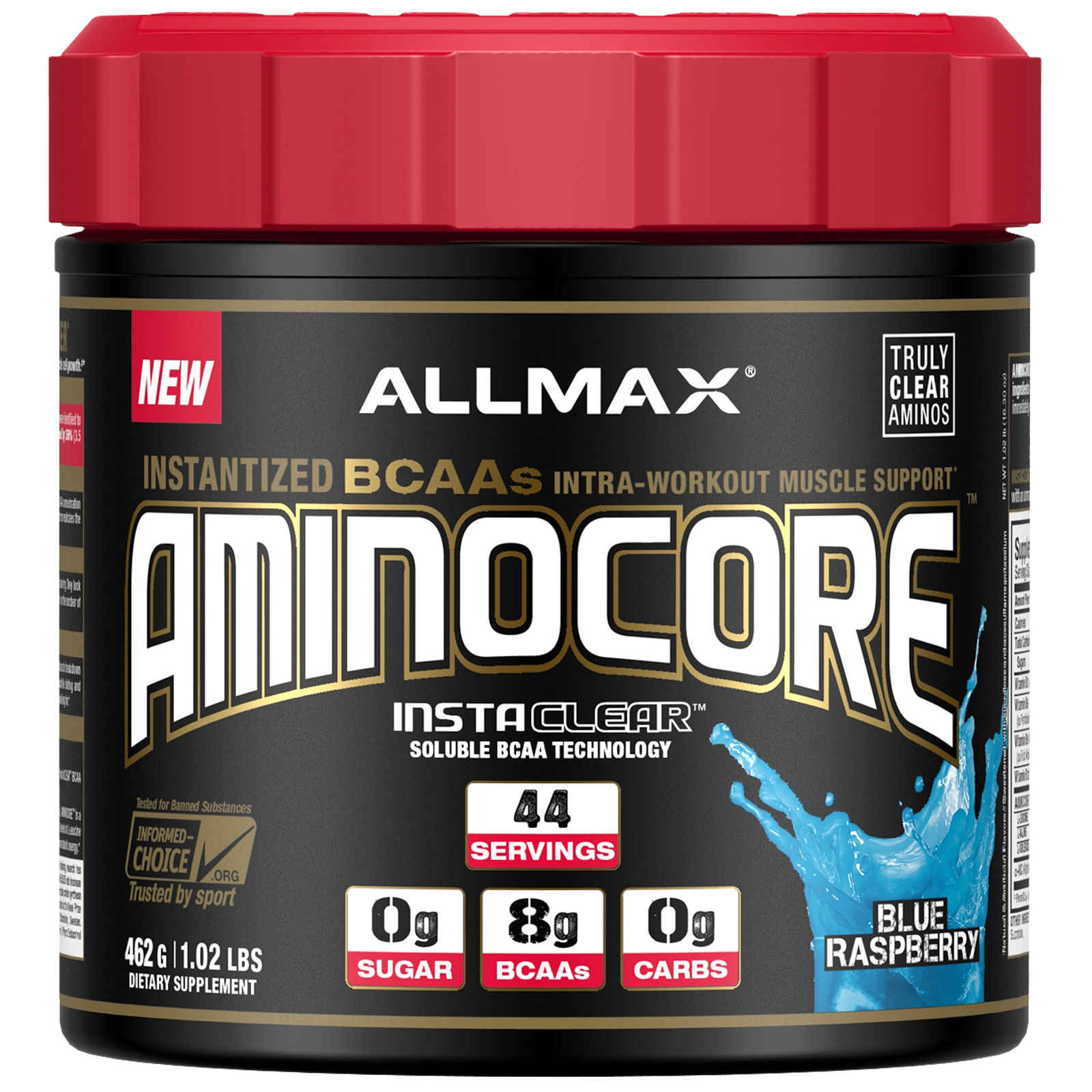 ALLMAX Nutrition, AMINOCORE, BCAA, 8G BCAA, 100% puro na proporção 45:30:25, Sem Glúten, Framboesas Azuis, 1.02 lbs (462 g)