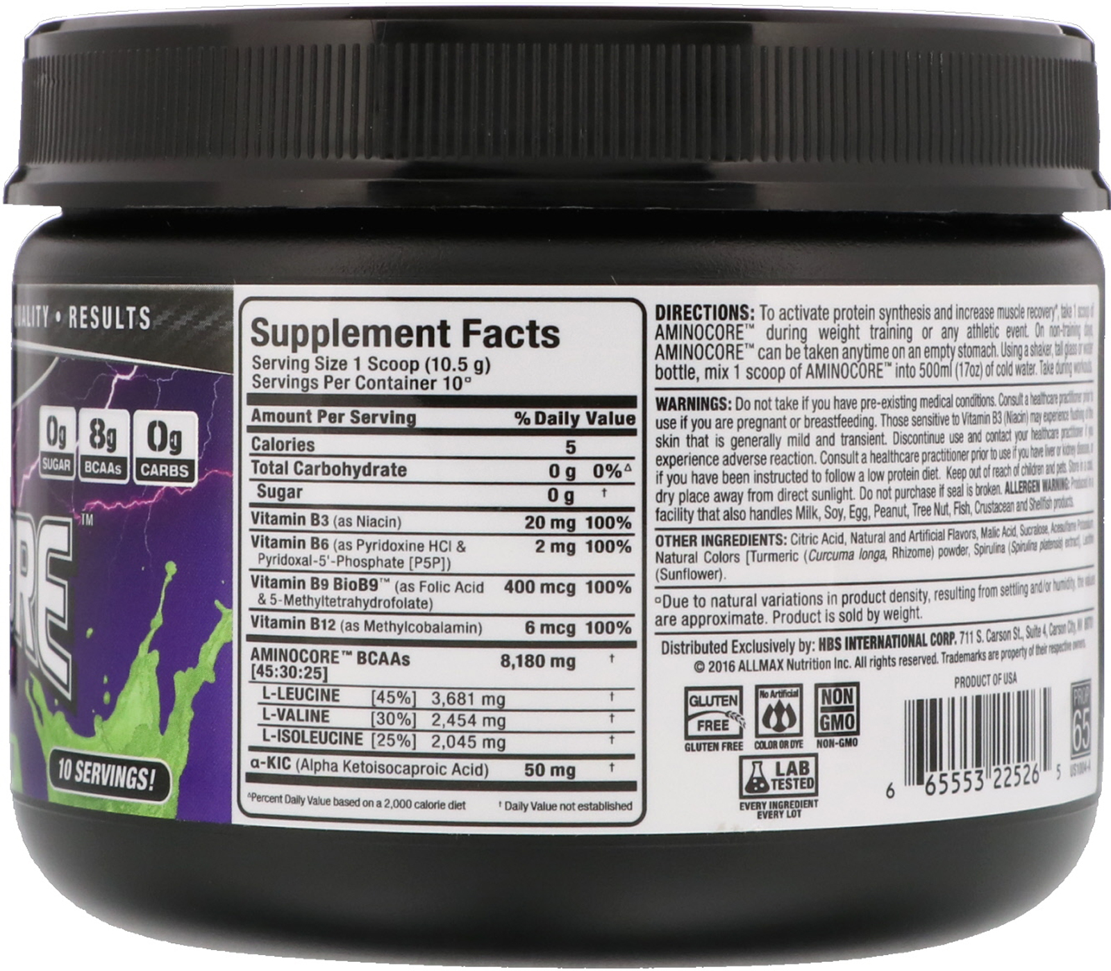 ALLMAX Nutrition, AMINOCORE, BCAA, 8G BCAAs, 100% Pure 45:30:25 Ratio, Gluten Free, Key Lime Cherry, 3.70 oz (105 g) - Imagem 2