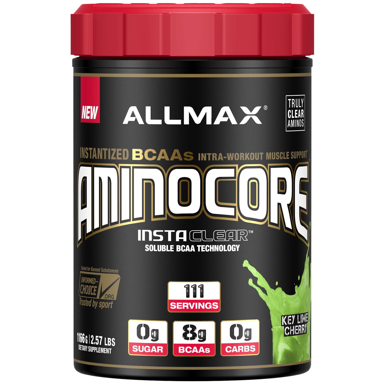 ALLMAX Nutrition, AMINOCORE, BCAA, 8G BCAAs, 100% Puro na proporção de 45:30:25, Sem glúten, Lima e Cereja, 2,57 lbs (1166 g)