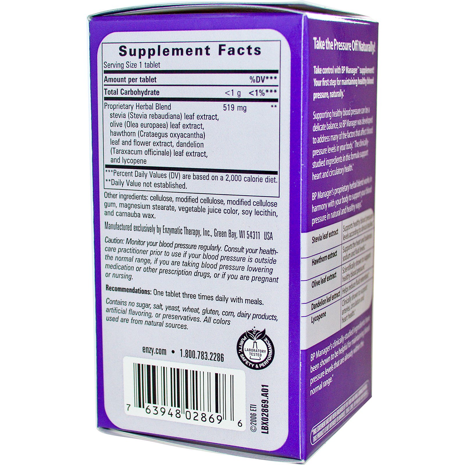 Enzymatic Therapy, bp Manager, 90 Comprimidos - Imagem 2