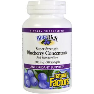 Natural Factors, BlueRich, Superforça, Concentrado de Mirtilo, 500 mg, 90 cápsulas gelatinosas