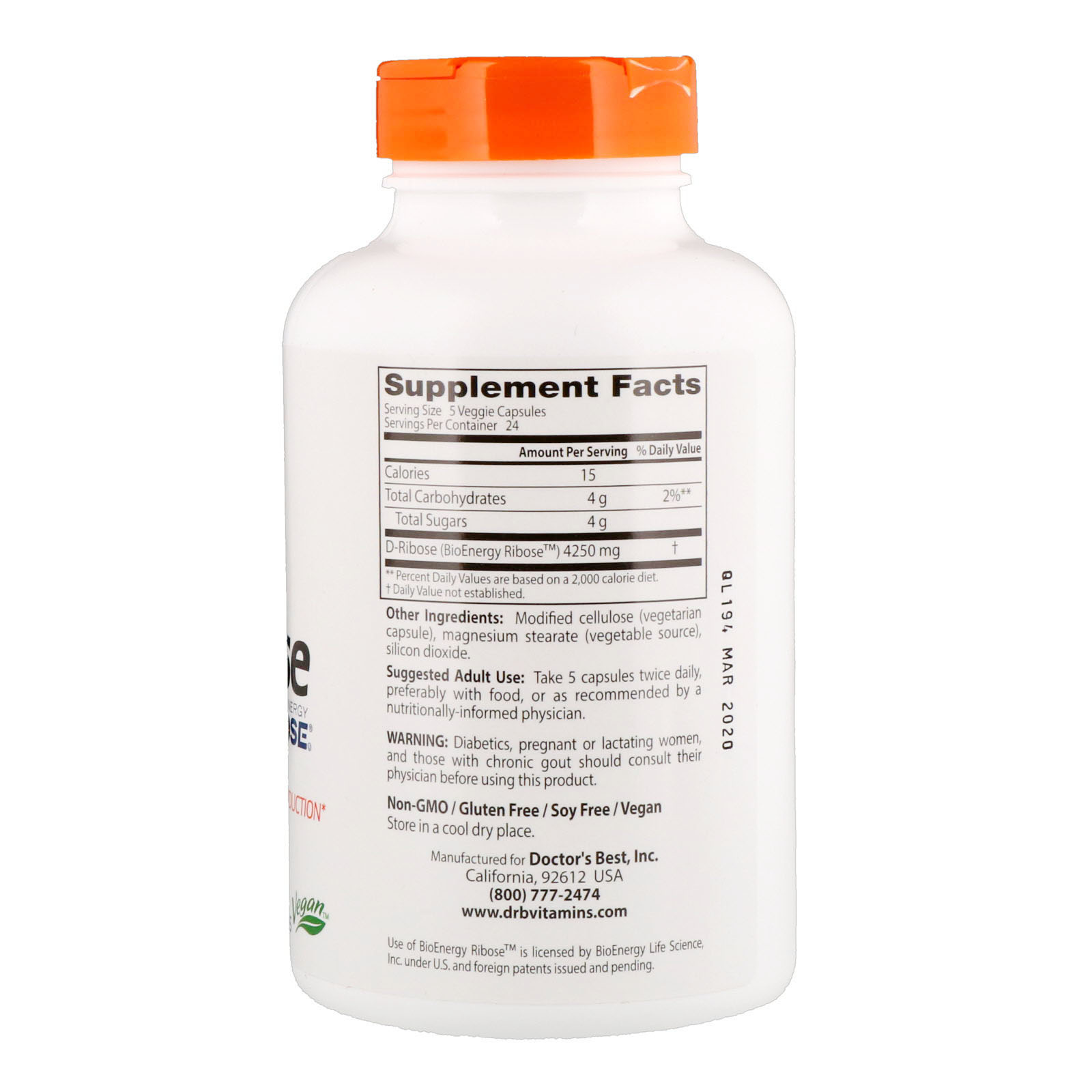 Doctor's Best, Best D-Ribose, 850 mg, 120 Cápsulas Vegetarianas - Imagem 2