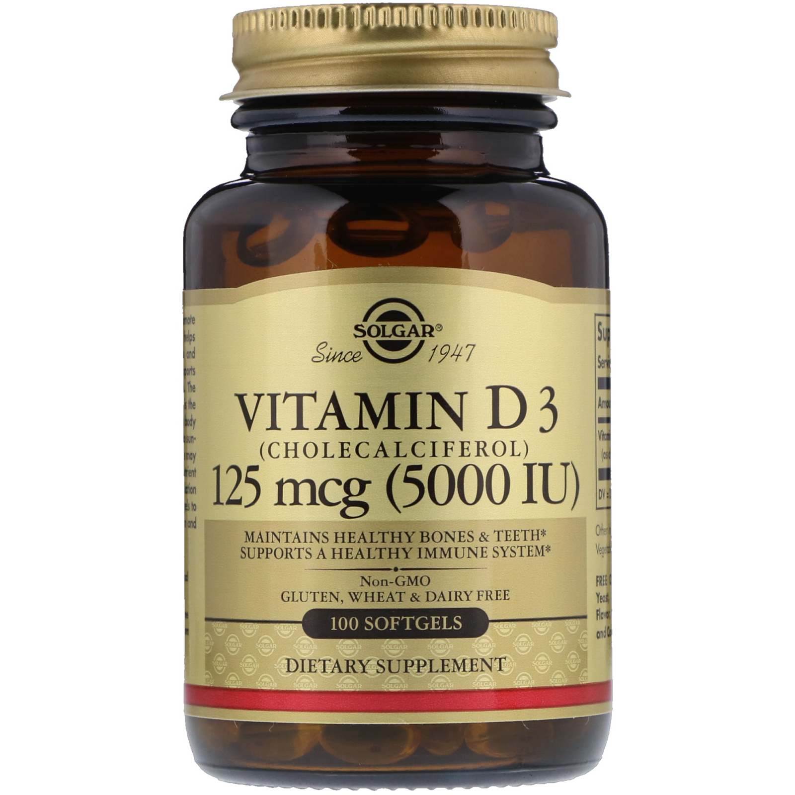 Solgar, Vitamina D3, Colecalciferol, 5000 UI, 100 cápsulas gelatinosas