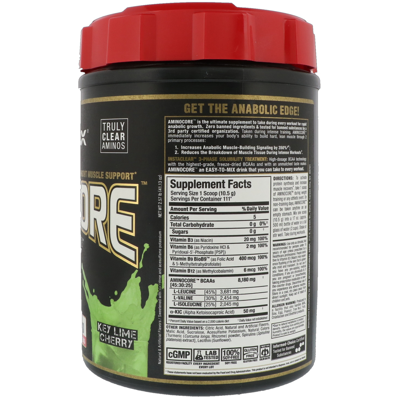 ALLMAX Nutrition, AMINOCORE, BCAA, 8G BCAAs, 100% Puro na proporção de 45:30:25, Sem glúten, Lima e Cereja, 2,57 lbs (1166 g) - Imagem 2