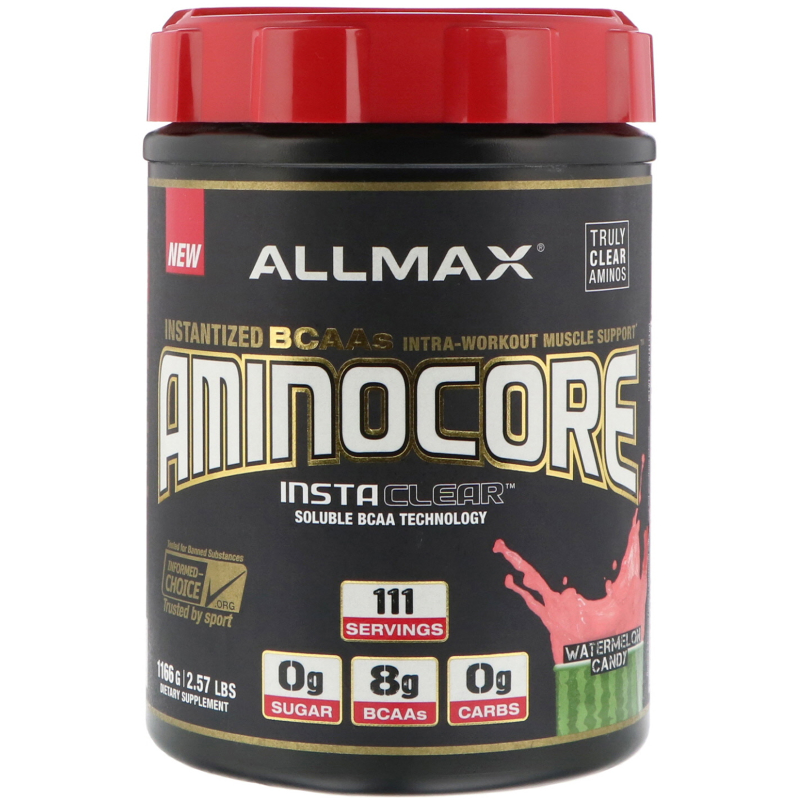 ALLMAX Nutrition, AMINOCORE, BCAA, 8G BCAAs, 100% Pure 45:30:25 Ratio, Gluten Free, Watermelon Candy, 2.57 lb (1166 g)