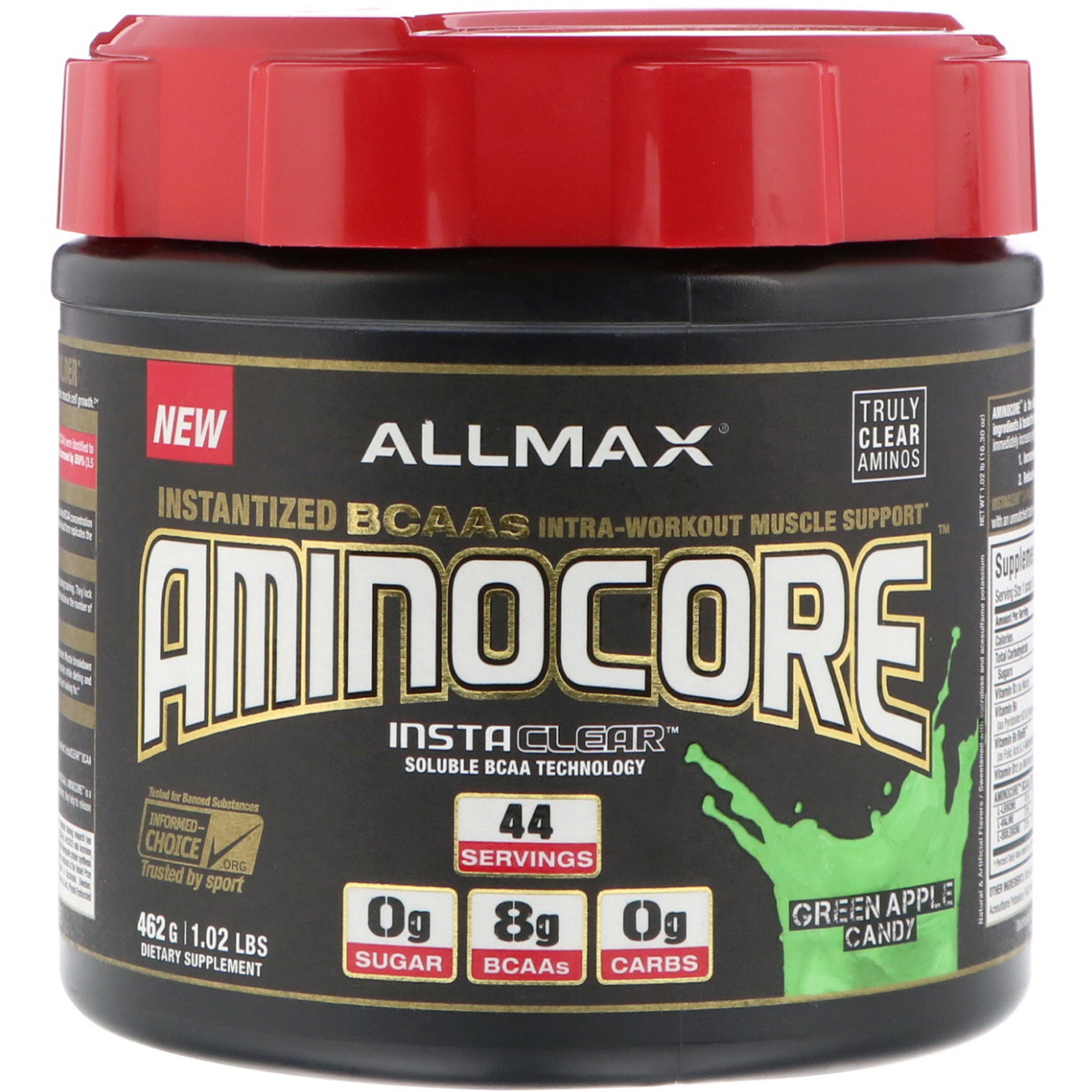 ALLMAX Nutrition, AMINOCORE, BCAA, 8G BCAAs, 100% Pure 45:30:25 Ratio, Gluten Free, Green Apple Candy, 1.02 lb (462 g)
