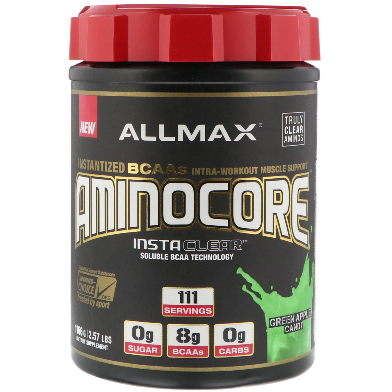 ALLMAX Nutrition, AMINOCORE, BCAA, 8G BCAAs, 100% Pure 45:30:25 Ratio, Gluten Free, Green Apple Candy , 2.57 lb (1166 g)