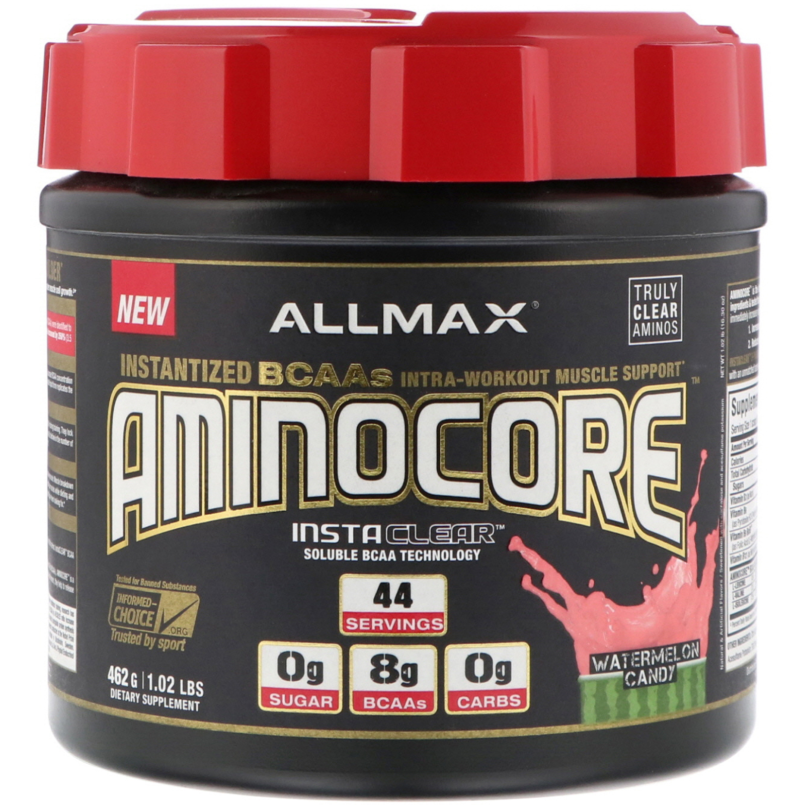 ALLMAX Nutrition, AMINOCORE, BCAA, 8G BCAAs, 100% Pure 45:30:25 Ratio, Gluten Free, Watermelon Candy, 1.02 lb (462 g)