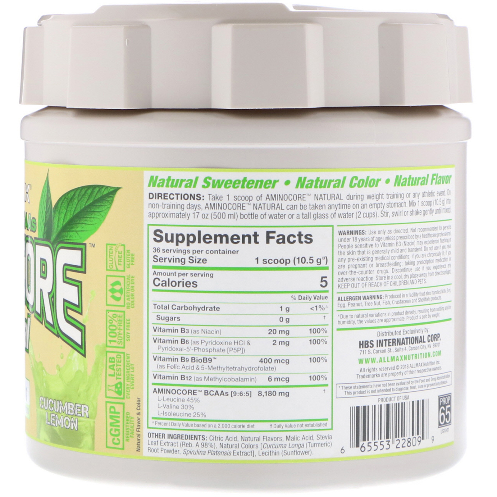 ALLMAX Nutrition, AMINOCORE Natural Instantized BCAAs, Cucumber Melon, 13.3 oz (378 g) - Imagem 2
