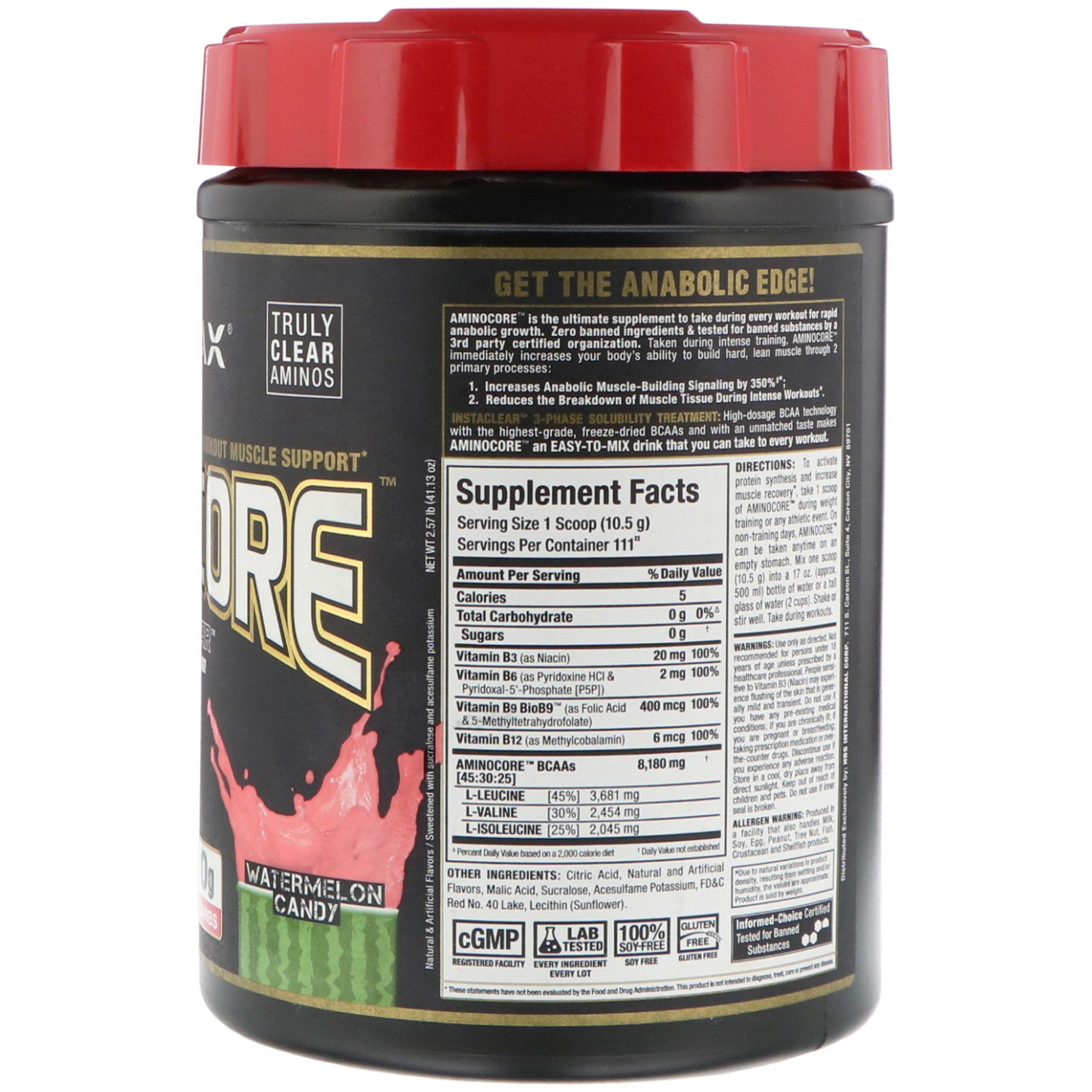 ALLMAX Nutrition, AMINOCORE, BCAA, 8G BCAAs, 100% Pure 45:30:25 Ratio, Gluten Free, Watermelon Candy, 2.57 lb (1166 g) - Imagem 2