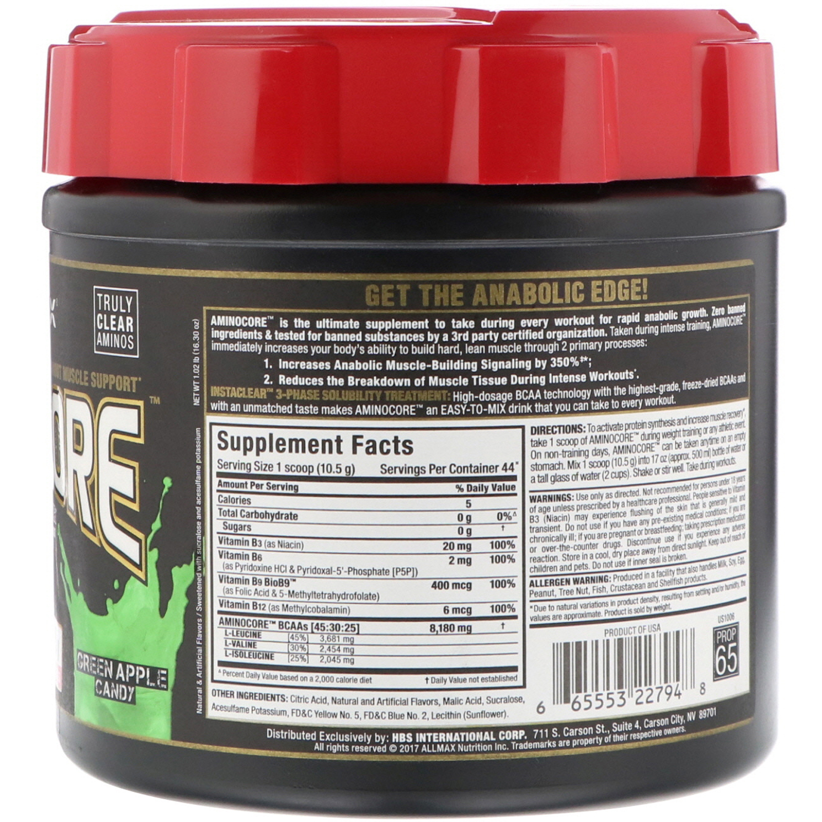 ALLMAX Nutrition, AMINOCORE, BCAA, 8G BCAAs, 100% Pure 45:30:25 Ratio, Gluten Free, Green Apple Candy, 1.02 lb (462 g) - Imagem 2