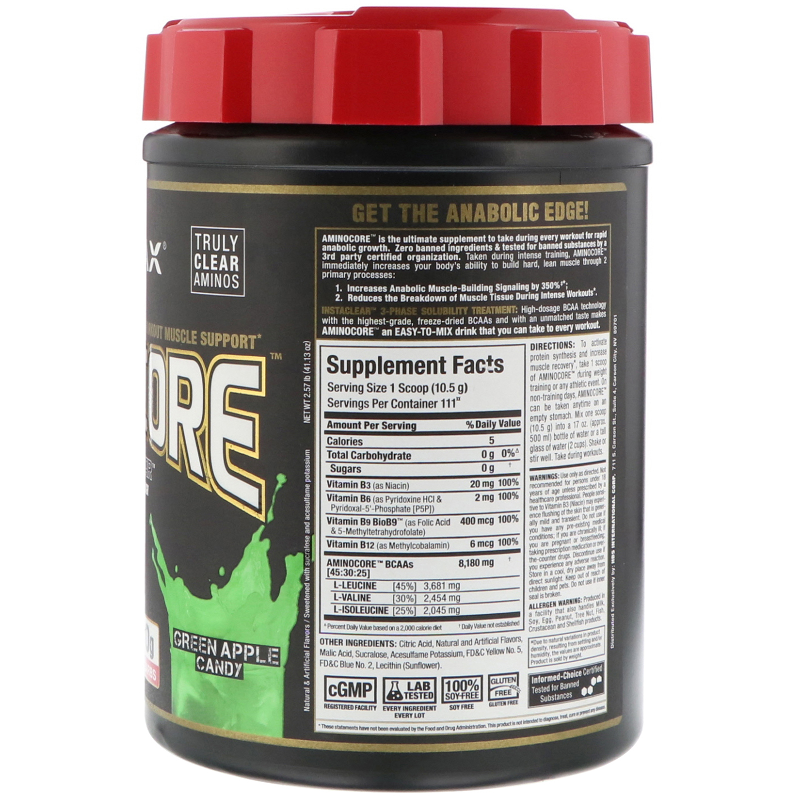 ALLMAX Nutrition, AMINOCORE, BCAA, 8G BCAAs, 100% Pure 45:30:25 Ratio, Gluten Free, Green Apple Candy , 2.57 lb (1166 g) - Imagem 2