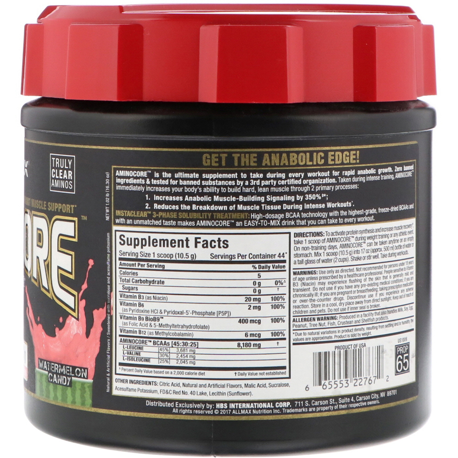 ALLMAX Nutrition, AMINOCORE, BCAA, 8G BCAAs, 100% Pure 45:30:25 Ratio, Gluten Free, Watermelon Candy, 1.02 lb (462 g) - Imagem 2