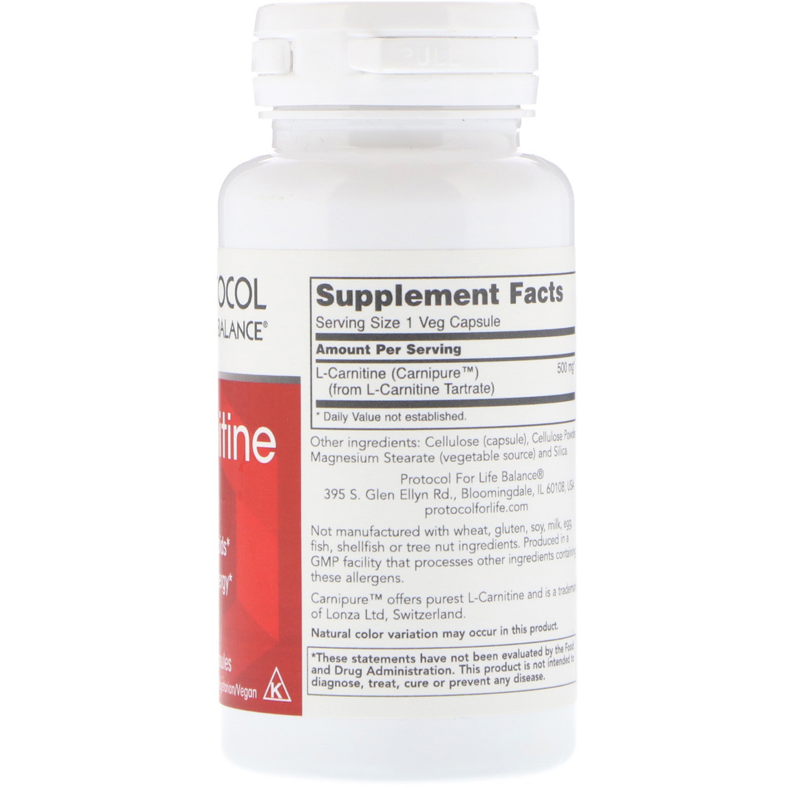 Protocol for Life Balance, L-Carnitina, 500 mg, 60 Cápsulas vegetarianas - Imagem 2