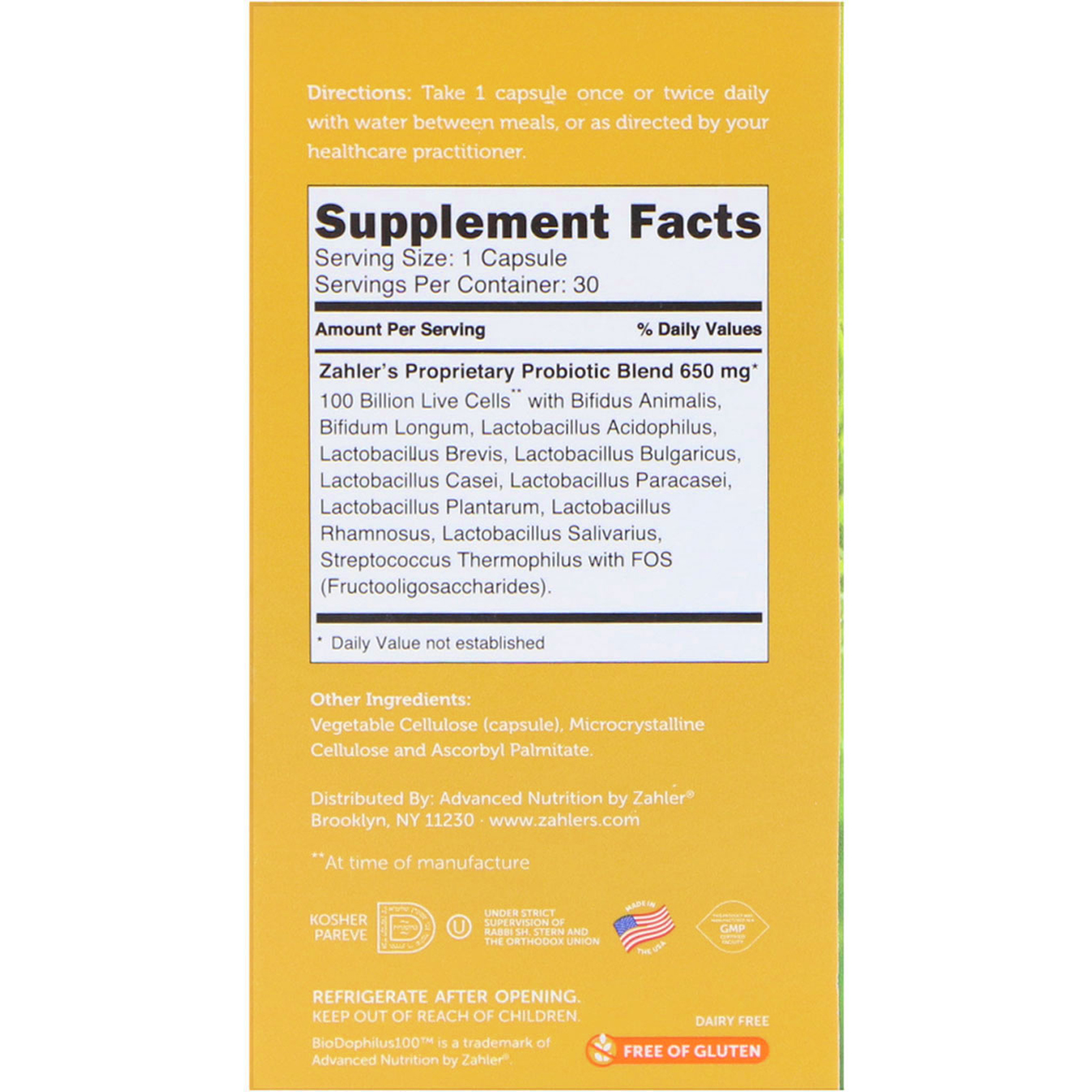 Zahler, Biodophilus100, Advanced Probiotic Formula, 30 Capsules - Imagem 2