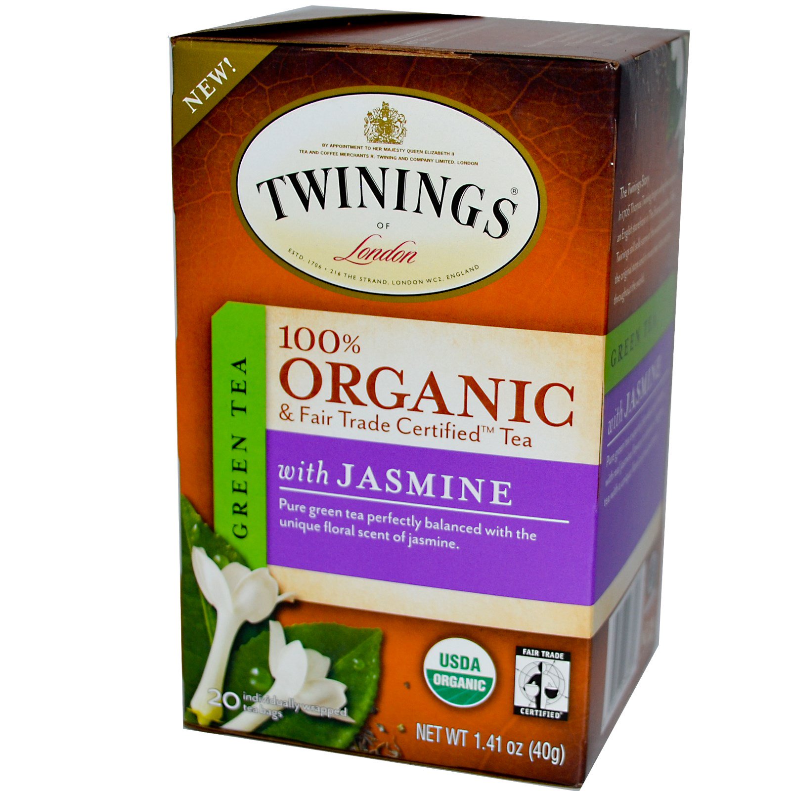 Twinings, Chá Verde 100% Orgânico com Jasmim, 20 sacos de chá, 1,41 onças (40 g) - Imagem 2