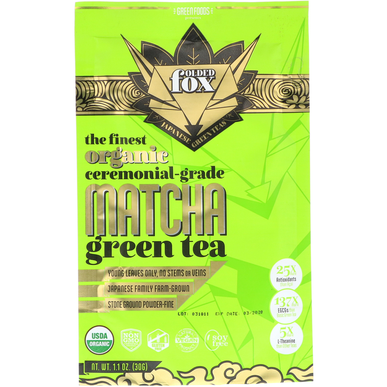 Green Foods Corporation, Folded Fox, Organic Matcha Green Tea, 1.1 oz (30 g)