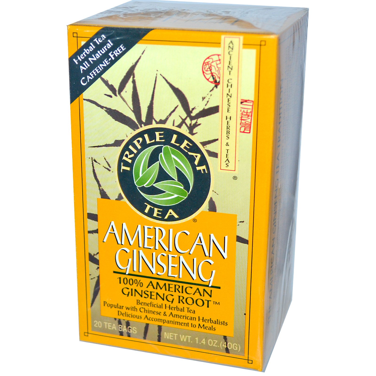 Triple Leaf Tea, Ginseng americano, sem cafeína, 20 sacos de chá, 1,4 oz (40 g)