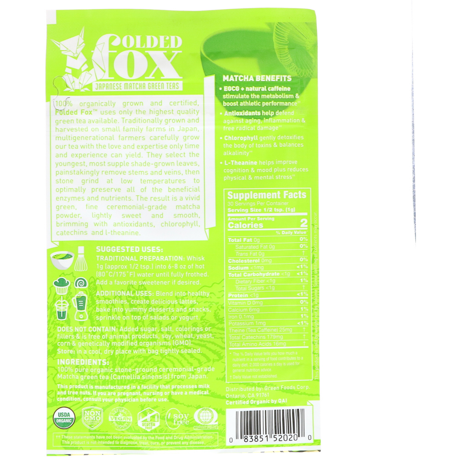 Green Foods Corporation, Folded Fox, Organic Matcha Green Tea, 1.1 oz (30 g) - Imagem 2