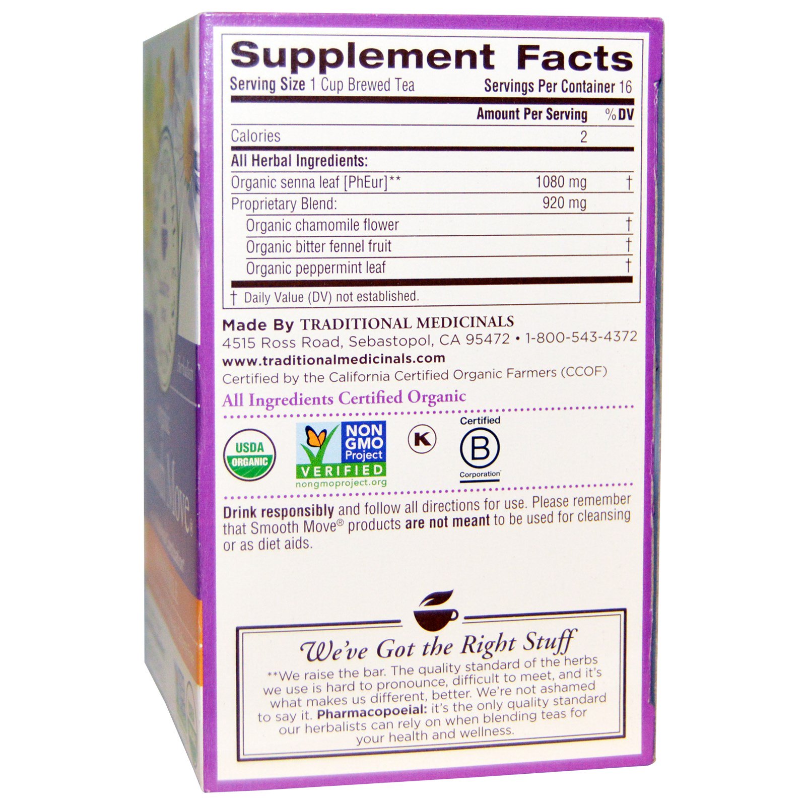Traditional Medicinals, Smooth Move orgânico, camomila, sem cafeína, 16 saquinhos de chá embrulhado, 1,13 oz (32 g) - Imagem 2