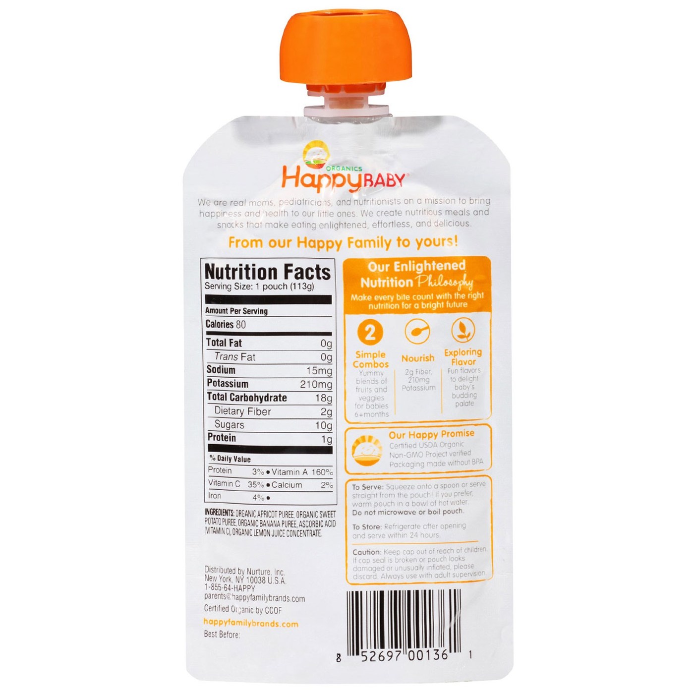 Happy Bebê Orgânico Bebê Food Fase 2 Simples Combos Apricot e batata doce 16-3,5 Bolsas oz - Imagem 2