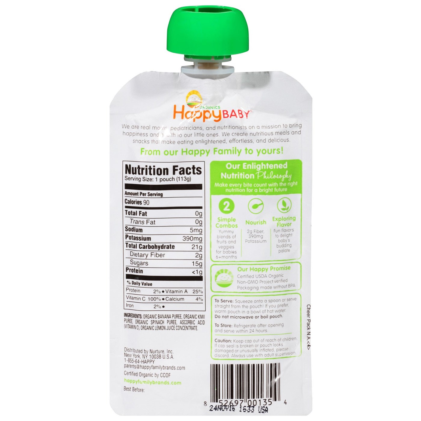 Happy Bebê Orgânico Bebê Food Stage 2 Combos simples banana e kiwi 16-3,5 Bolsas oz - Imagem 2