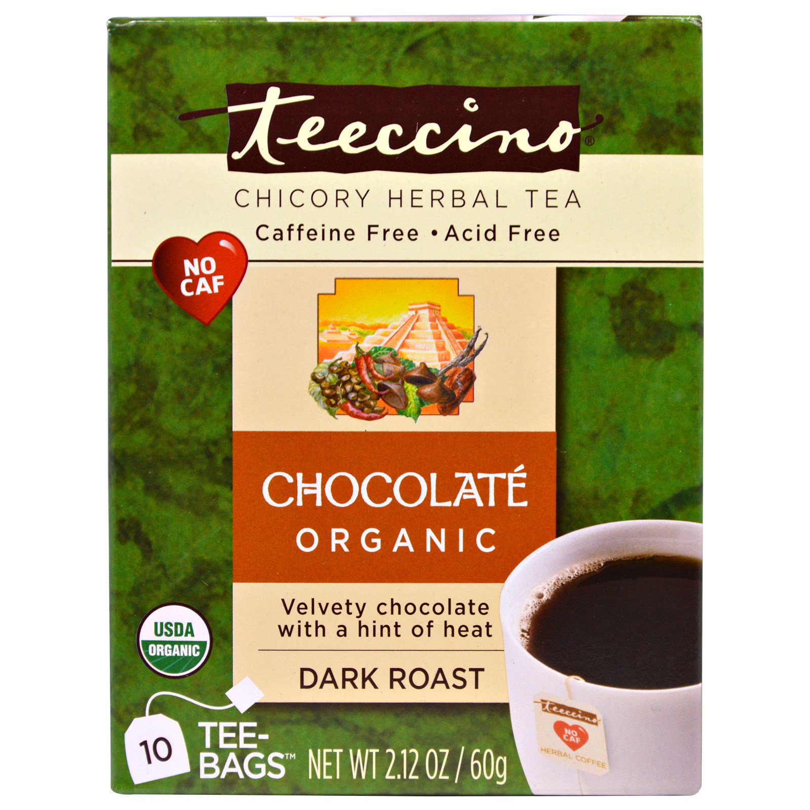 Teeccino, Chá herbal de chicória, torra escura, chocolate, sem cafeína, 10 sachês, 2,12 oz. (60 g)