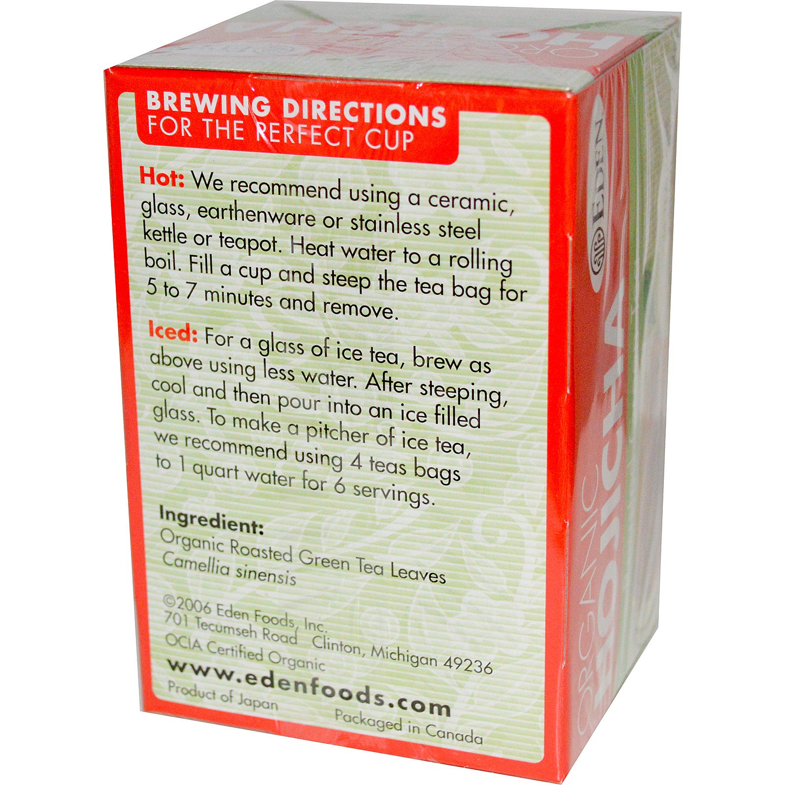 Eden Foods, Hojicha orgânica, chá verde torrado, 16 sacos de chá .84 oz (24 g) - Imagem 2