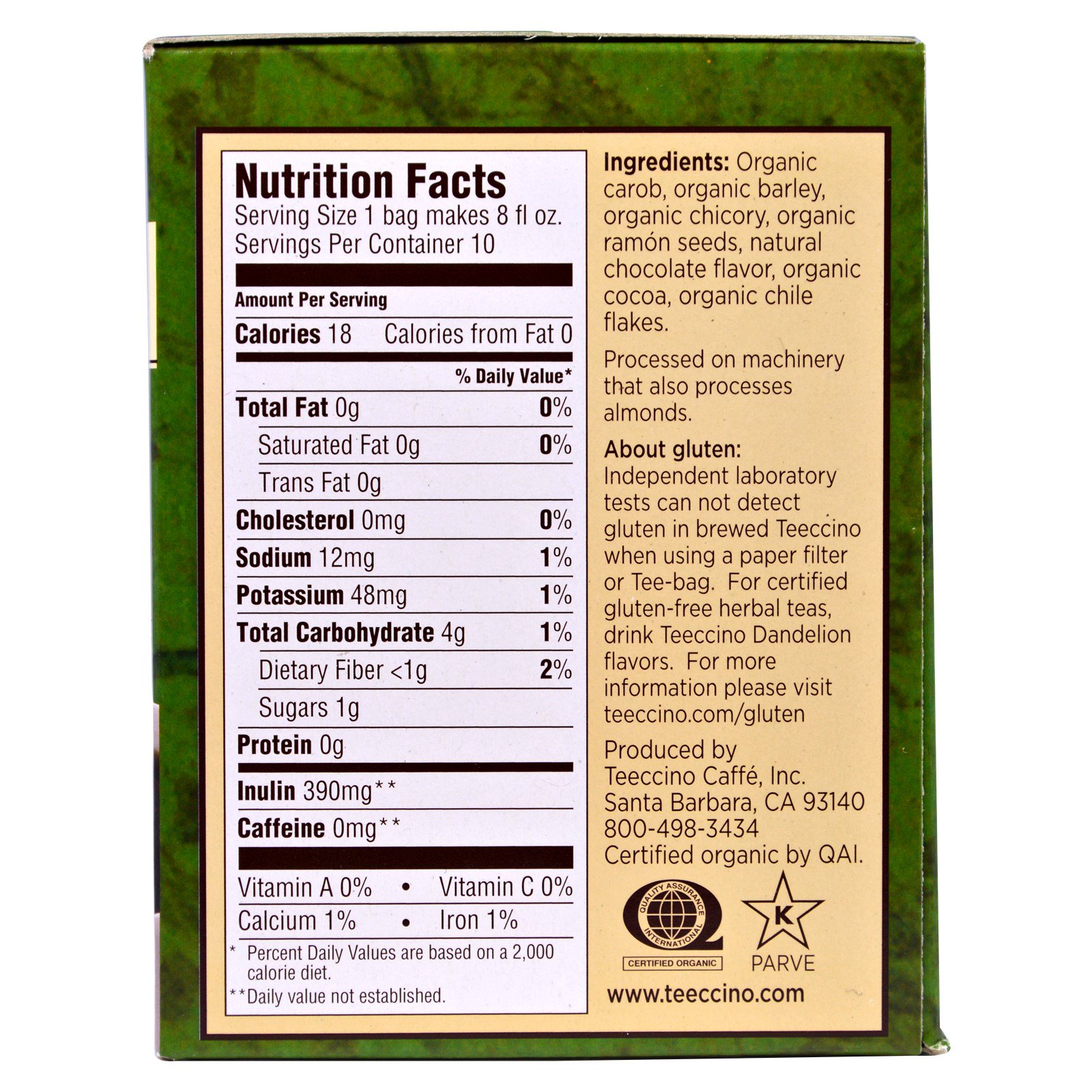 Teeccino, Chá herbal de chicória, torra escura, chocolate, sem cafeína, 10 sachês, 2,12 oz. (60 g) - Imagem 2