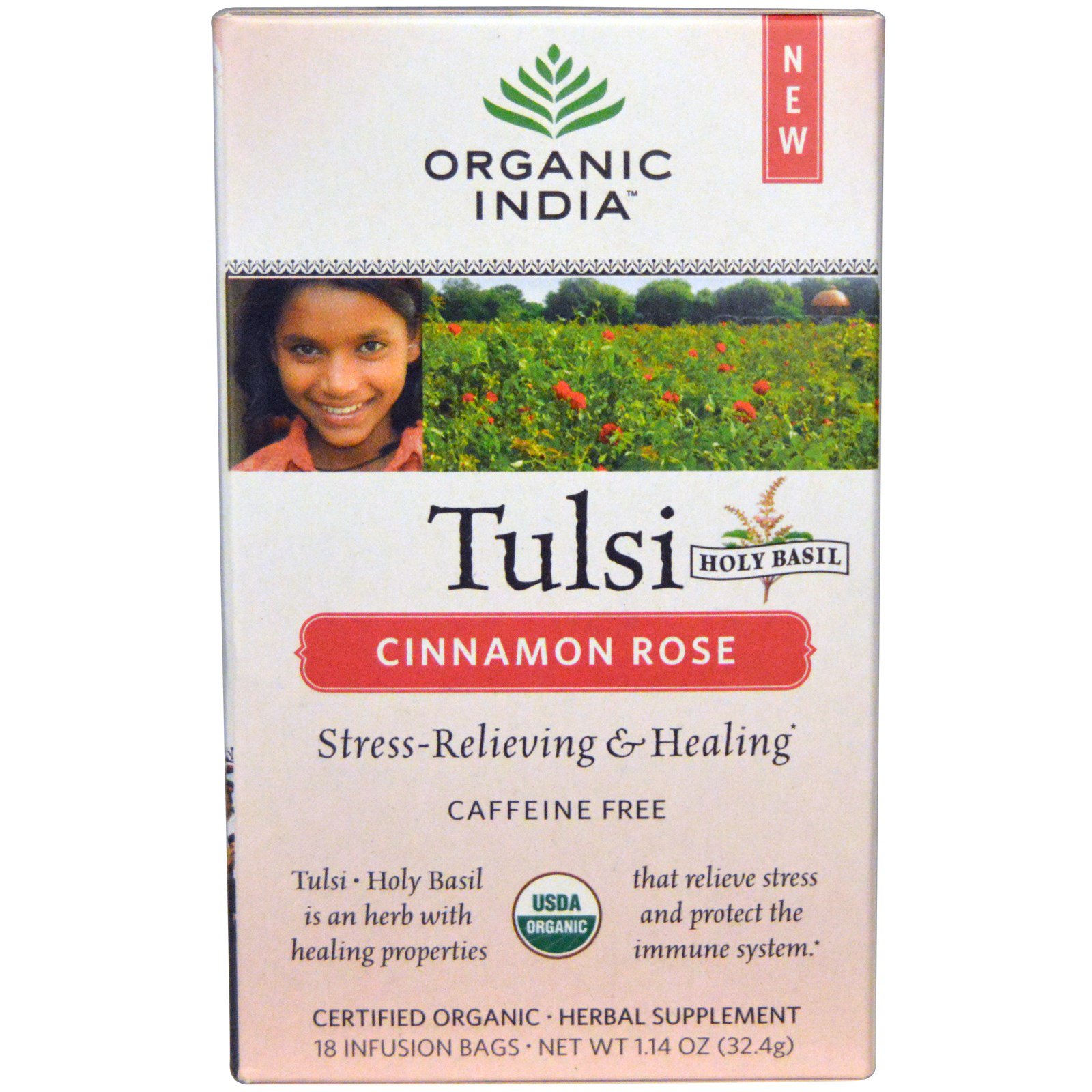 Organic India, Chá de Tulsi, Manjericão sagrado do Brasil, sem cafeína, canela rosa, 18 sacos de infusão, 1.14 oz (32,4 g)