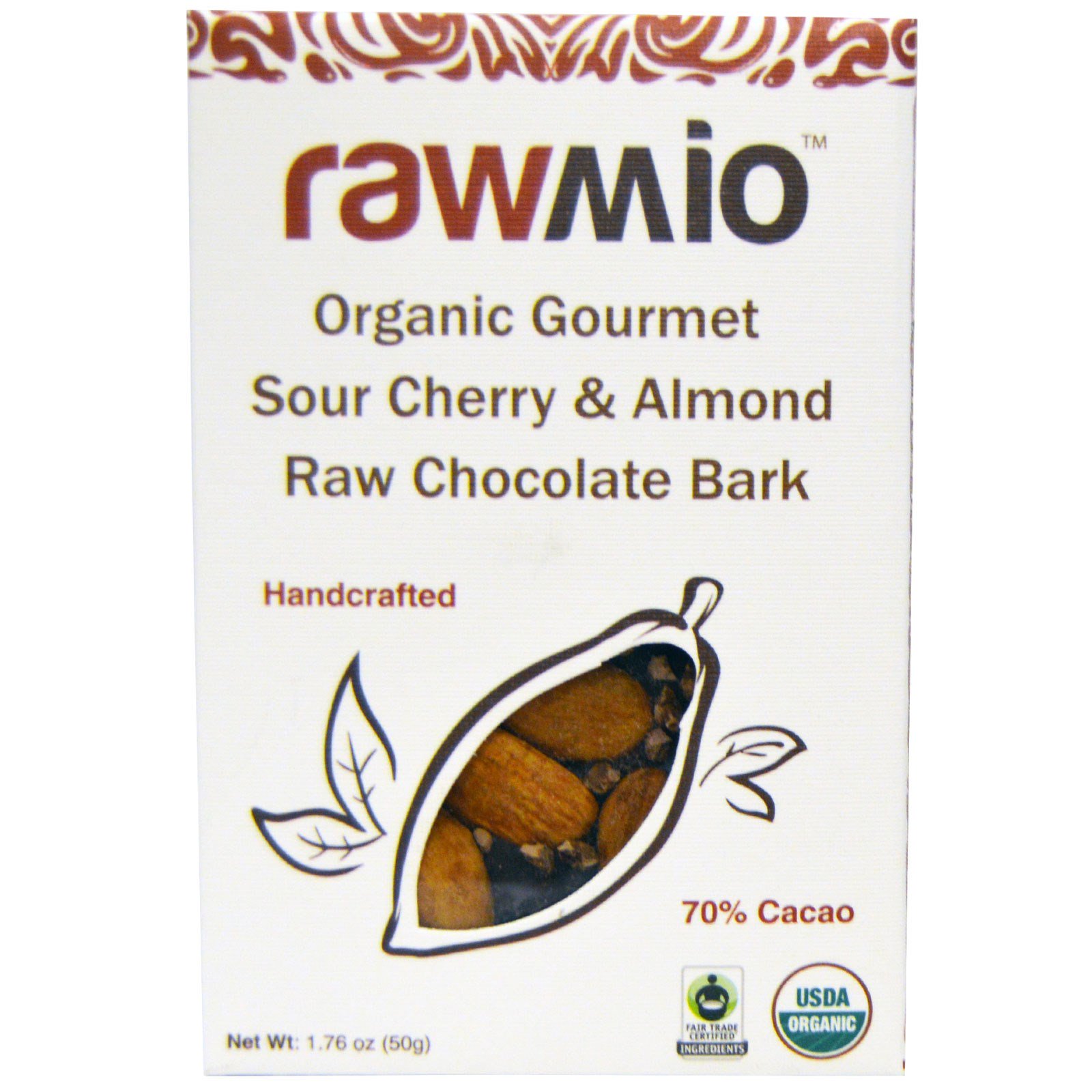 Rawmio, Cascas de Chocolate Puro, Amêndoas e Cereja Ácida Orgânicos Gourmet, 1,76 oz (50 g)