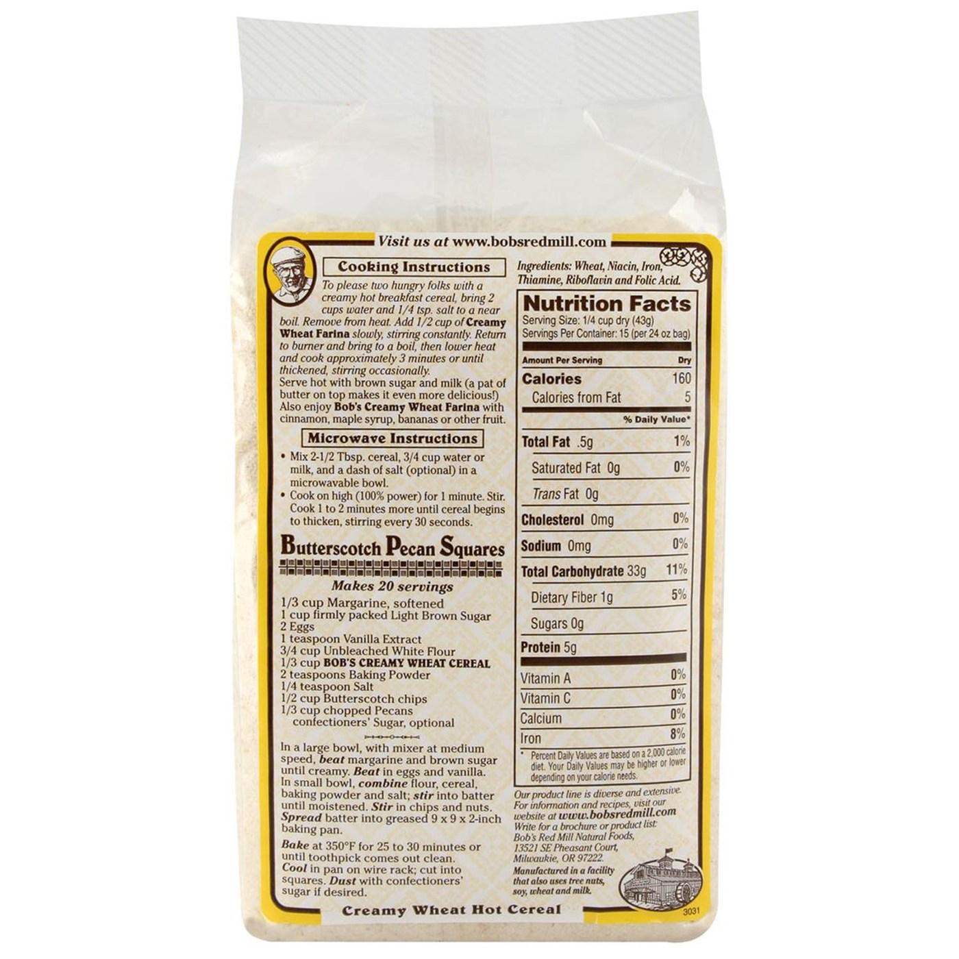 Bobs Red Mill Orgânico Creamy Trigo Hot Cereal 4-24 oz Bags - Imagem 2