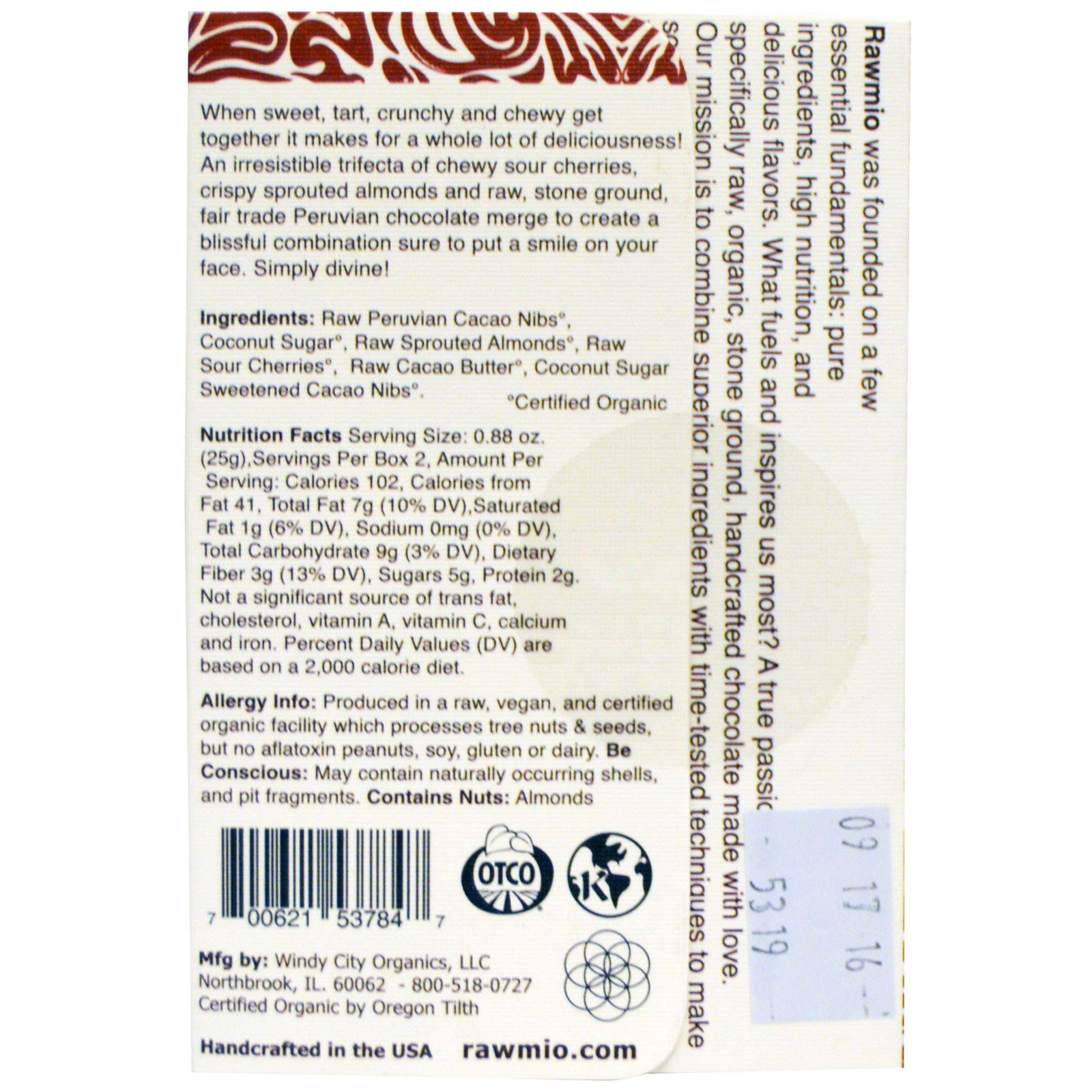 Rawmio, Cascas de Chocolate Puro, Amêndoas e Cereja Ácida Orgânicos Gourmet, 1,76 oz (50 g) - Imagem 2