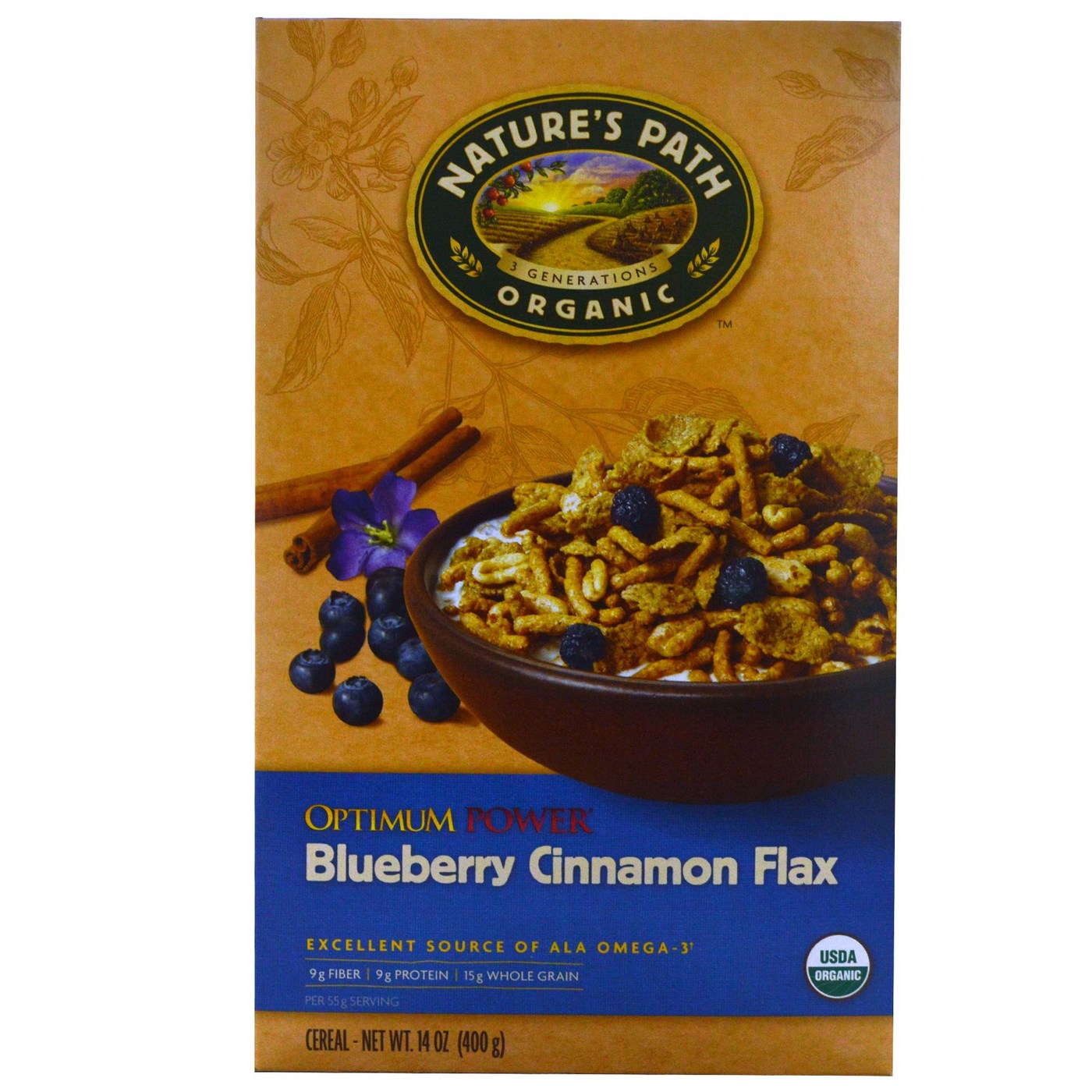 Natures Path Optimum Poder Blueberry Canela Linho Cereal 14 onças