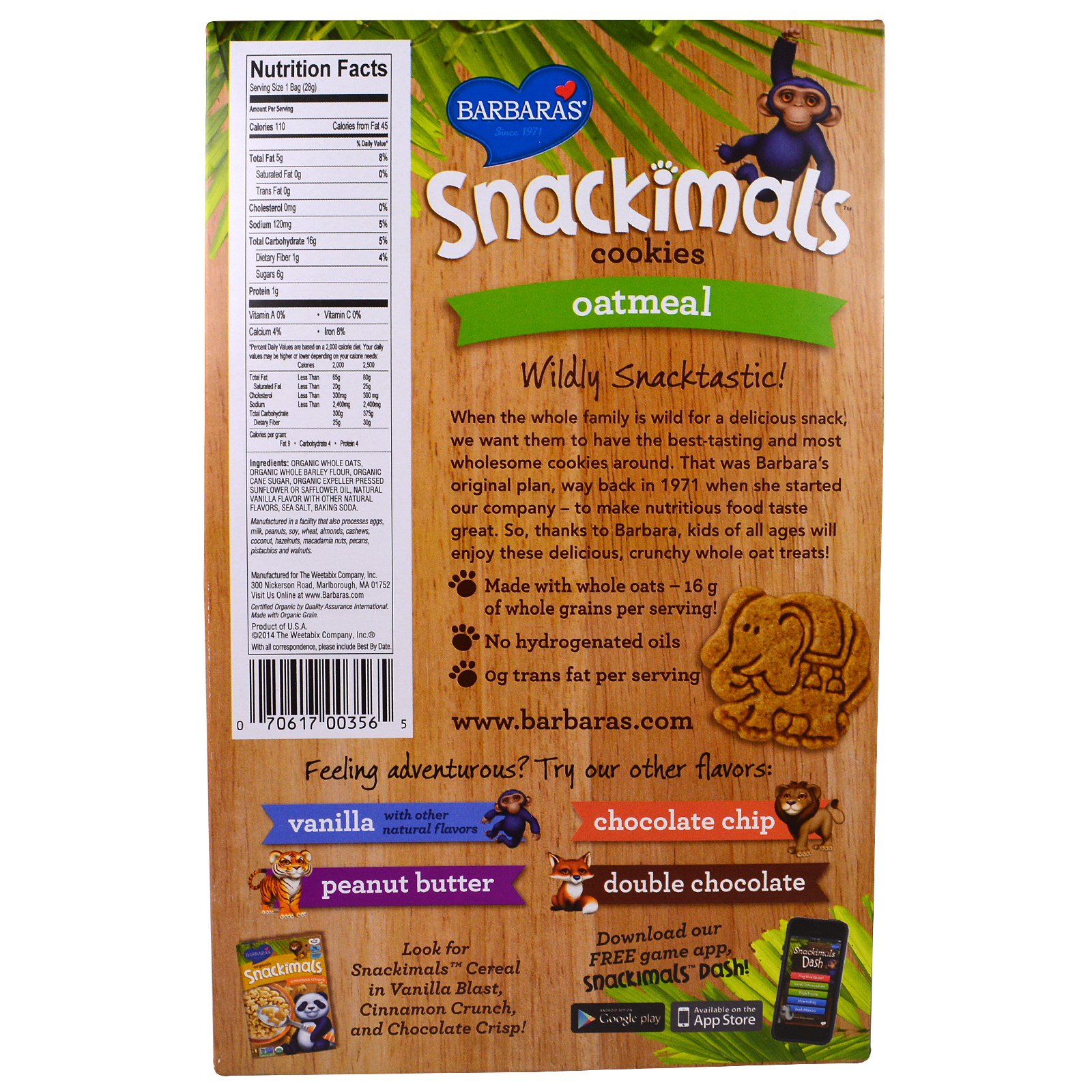Barbara's Bakery, Snackimals, Biscoitos Animais, Mingau de aveia, 6 sachês, 1 oz (28 g) Cada - Imagem 2