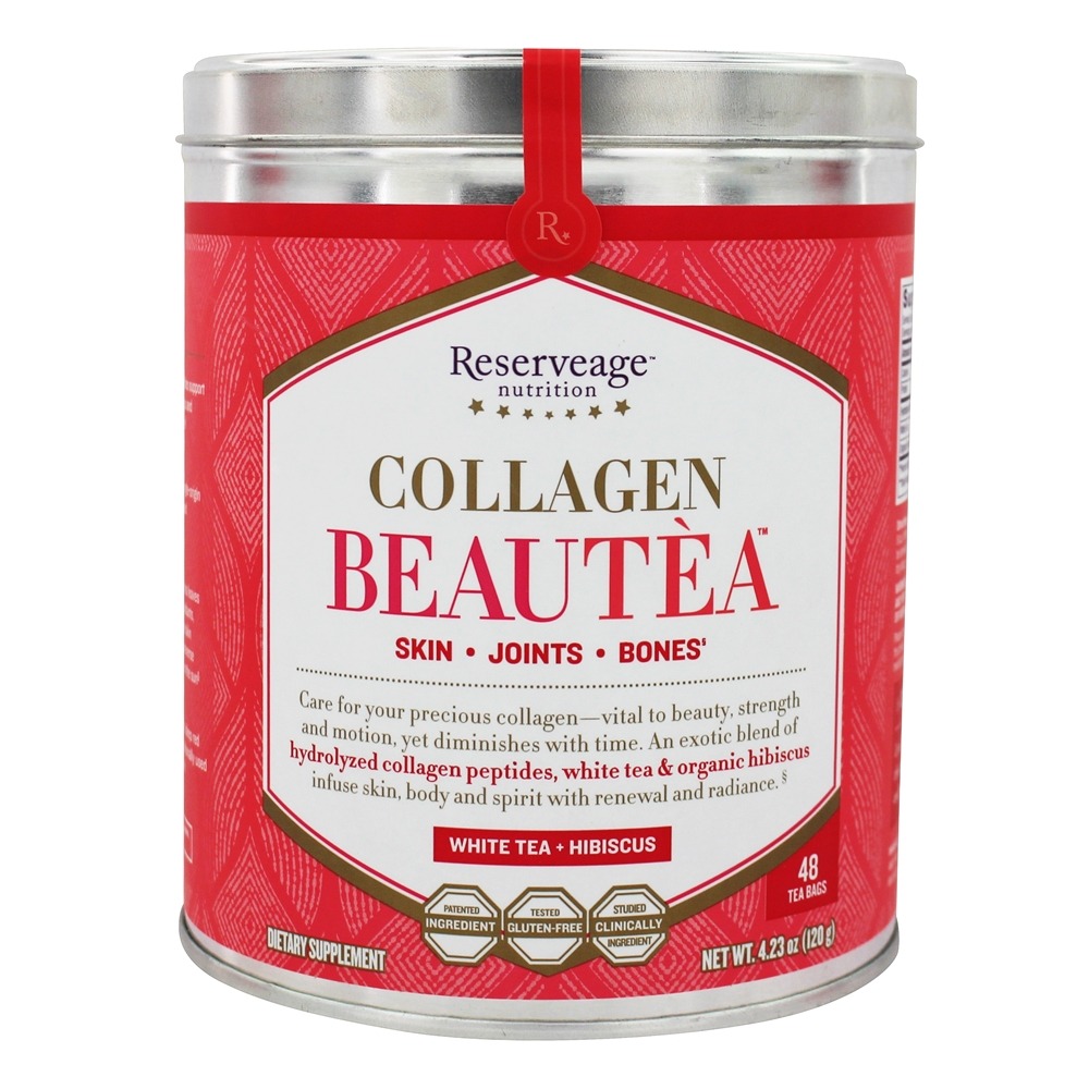 Collagen Beautea Haut, Gelenke, Knochen Unterstützung Weißer Tee + Hibiscus   48 Teebeutel durch Reserveage Nutrition