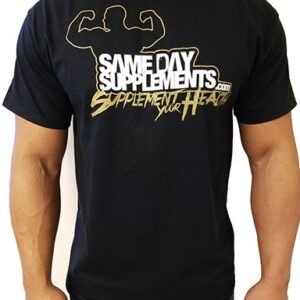 SameDaySupplements Black T-Shirt, With Gold Logo, Medium